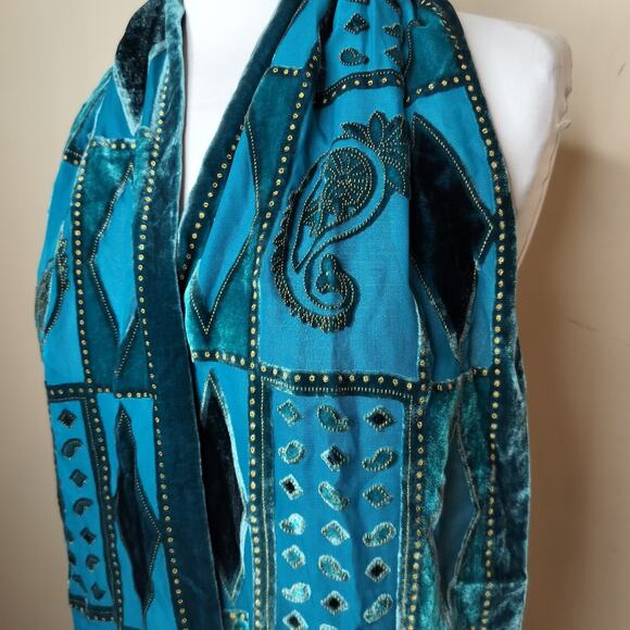 Teal Crushed Velvet Scarf Paisley Floral Geometric Sheer 58" x 9.5" - Picture 8 of 13